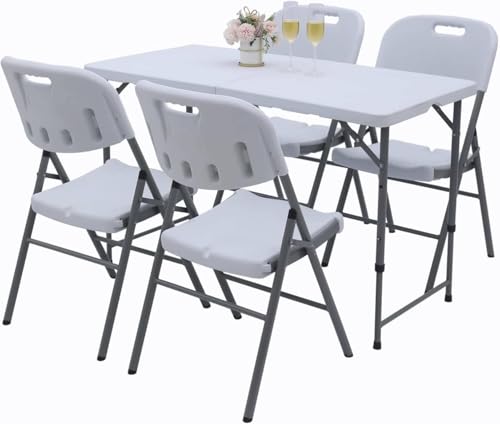 MOMENT Foldable Lightweight Trestle Outdoor Camping Tables, Heavy Duty Plastic Outdoor Folding Picnic Table, Folding Trestle Table For BBQ Party, Folds in Half with Carry Handle, White