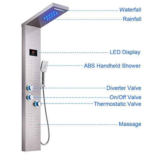 ELLO&ALLO LED Thermostatic Shower Panel Tower System, Rainfall