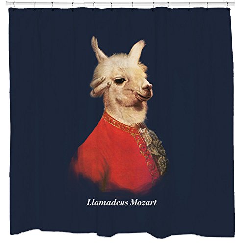 Funny Llama Shower Curtain Set Mozart Llamadeus by Sharp Shirter Classical Music Navy Red and Creme Waterproof Fabric 12 Hooks Included