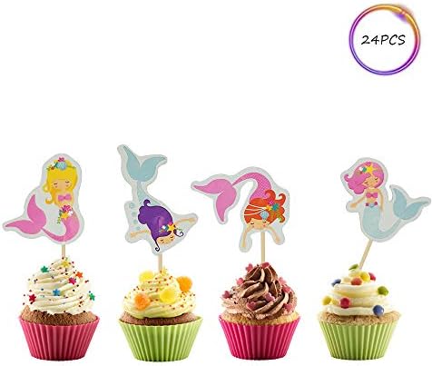 Ainuioi Set of 24 Mermaid Cupcake Toppers Decor for Baby Shower or Party Decoration，Happy birthday supplies