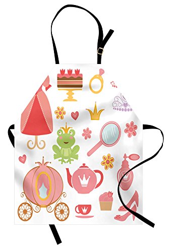 Cartoon Apron, Tiara Tea Party Mirror Teapot Tea Party Frog Crown Cupcake Girls, Unisex Kitchen Bib with Adjustable Neck for Cooking Gardening, Adult Size, White Coral