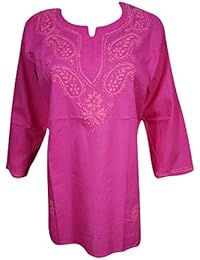 Womens Tunic Top Cotton Paisley Embroidered Bohemian Pink Shirt S