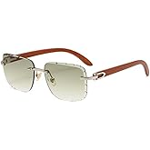 Luxury Square Rimless Gem Cut Retro 90's Hip Hop Diamond Cut Lens Mint Green Gradient Tint Lens Silver Metal Frame Woodgrain Arm Sun Glasses Frameless Rectangle Shades Sunglasses For Men And Women
