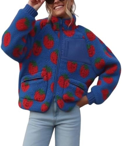 chouyatou Women's Fall Winter Casual Cute Floral Fleece Jacket