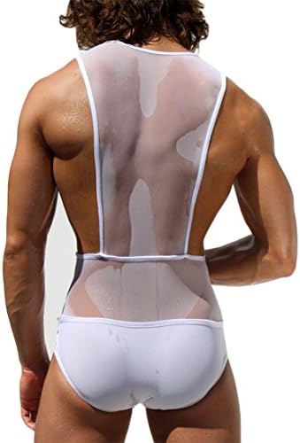 Mens Bodysuits Sexy Underwear, Sheer Lingerie Brand Men See Through T-shirt Boxer Shorts for Men, Hot Gay Wear (L, White)