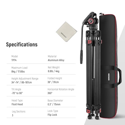 NEEWER 74" Video Tripod with Fluid Head & Damping Control, Aluminum Heavy Duty Camera Stand Professional with QR Plate for DSLR Camcorders for Video Recording, Cleaning Cloth, Max Load 17.6 lbs, TP74