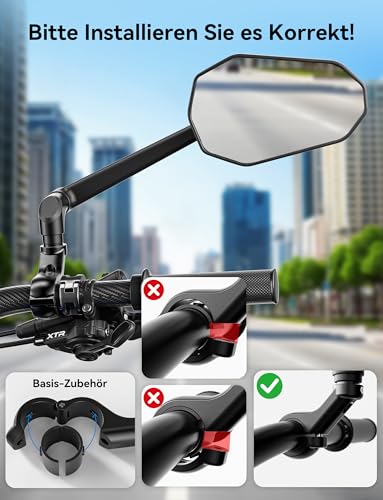 Bicycle Mirror for E-Bike Left, 360° Foldable & Rotatable Bicycle Rear View Mirror with Large Mirror Surface, Bicycle Mirror Left for Ebikes, Mirror for Bicycle, Impact-Resistant Real Glass, Bicycle