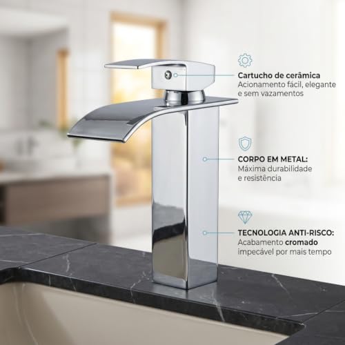 Torneira Cascata Monocomando Cromada para Banheiro Quente e Frio TKLA