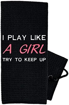 Golf Towel Store – Fun Golf Accessories for Womens Golf, Embroidered Golf Towels for Golf Bags with Clip – 100% Cotton or Waffle Microfiber Options – I Play Like A Girl Try to Keep Up