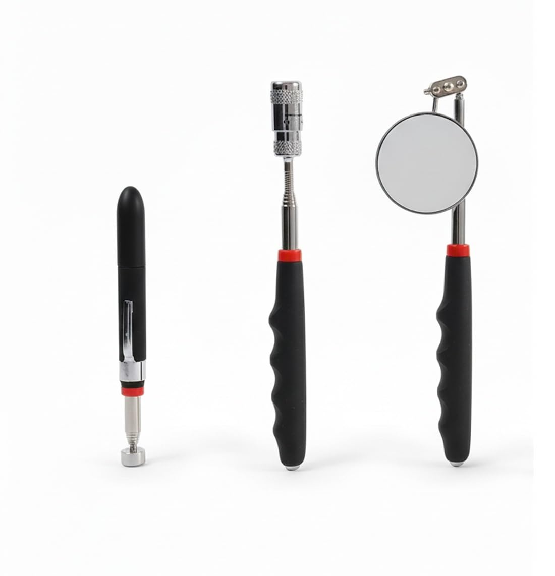 3-piece pick-up tool set: telescopic magnetic lifter with strong LED, flexible inspection mirror and magnetic gripper, the ideal car and workshop accessory
