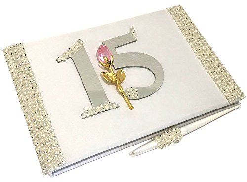 Mis Quince Anos Quinceanera Rhinestones Guest Book with Pink Rose Mirror Numbers Pen Set - Thumbnail 5