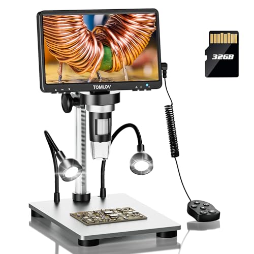 TOMLOV DM9 7 Inch LCD Digital Microscope, 12MP Magnification 1200X Coin Magnifier, Gift for Adult Collectors, Metal Stand, Flexible LED Lighting, Compatible with Windows/Mac OS, 32GB