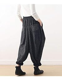Pantalones de lana para dama, estilo casual hippie, mezcla de lana con costuras a rayas, cintura elástica, ganchillo y bolsillos