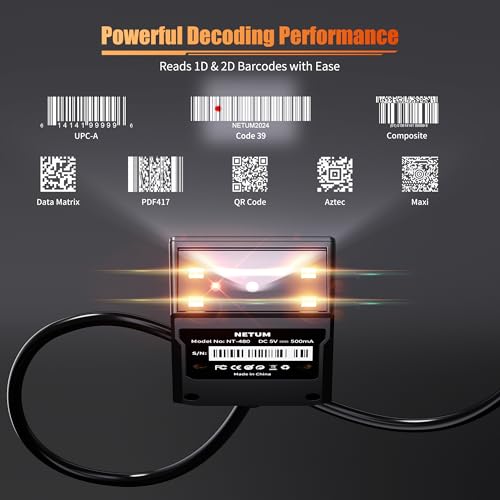 NETUM Scanner per codici a barre fisso NT-480, scanner industriale 1D 2D per codici QR con connessione USB, scanner incorporato con rilevamento automatico per chioschi, trasportatori, POS, produzione