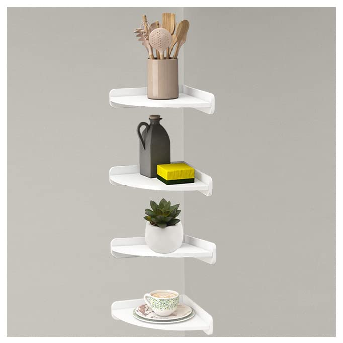 White Corner Shelf, 4 Tier Floating Wall Shelves Wall Mounted No Drilling Corner Stand Kitchen Bedroom, Living Room, Bathroom (S)