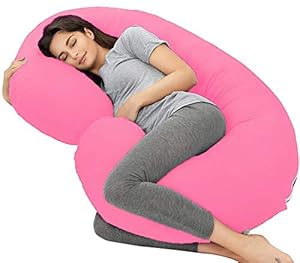 Mom's Moon Ultra Soft C Shaped Pillow/Body Pillow/Maternity Pillow with 100% Cotton Zippered Cover - Pink