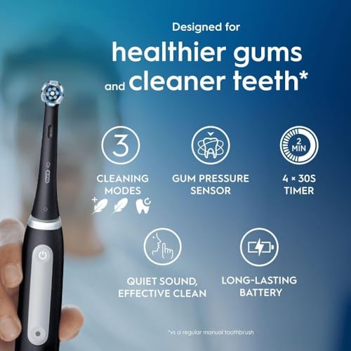 Oral-B iO 3 Matt Black Ultimate Clean Electric Toothbrush, 1 Refill Holder, 1 Charger Pouch, 1 Travel Case, Designed by Braun, Packaging May Vary