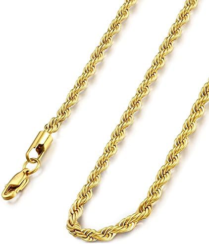 14KT Gold Plated Mens Rope Chain, 2mm Thick, For men and women. Made in USA. (22, gold-plated-base)