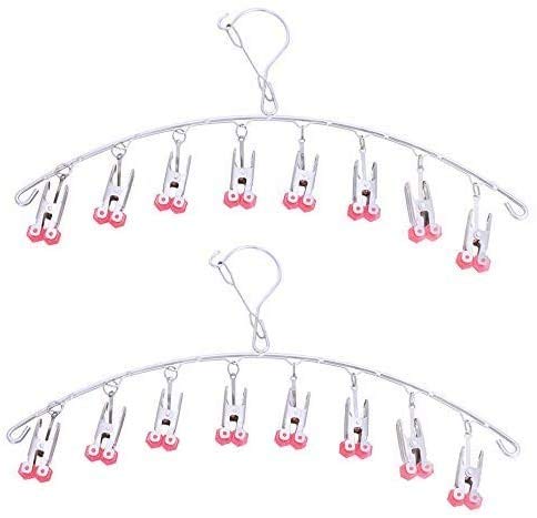 Qinglele 2Pack Stainless Steel Drying Rack With 8 Pegs for Underwear, Socks, Bra, Panty, Gloves - Windproof, Quick-Remove Hanger (Red)