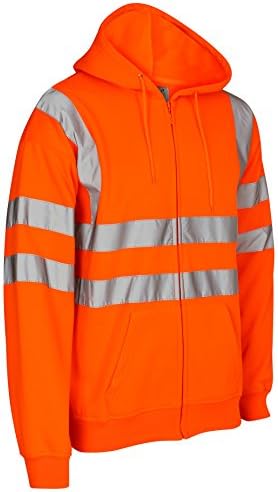 HuntaDeal Hi Viz Vis Zip Hooded Sweatshirt Hoodies Hoody High Visibility Reflective Tape Band Work Fleece Safety Sweat Shirts Warm Security Workwear Work Wear Jumper Tops Plus Big Size