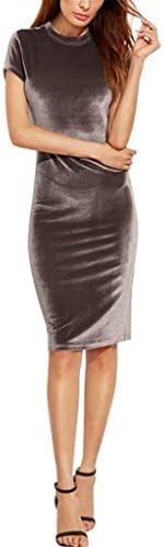 HUIJSNQ 2017 Women Brown Velvet Sheath Dresses Summer Ladies Round Neck Short Sleeve Knee Length Elegant Pencil Dress