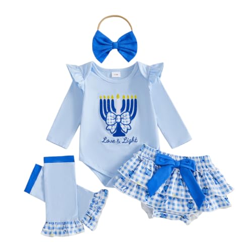GINEVSAL Hanukkah Baby Girl Outfit Romper Shorts Headband Socks 4Pcs Set (Blue, 3-6 Months) at Amazon