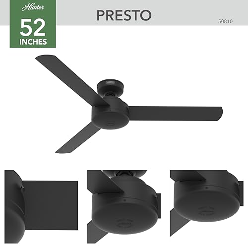 Hunter Presto, Indoor, Ceiling Fan, No Light, Modern, 52 inch, Matte Black | Standard Mount, Wall Control, 3 Blades, For Bedroom, Living Room, Kitchen, 50810
