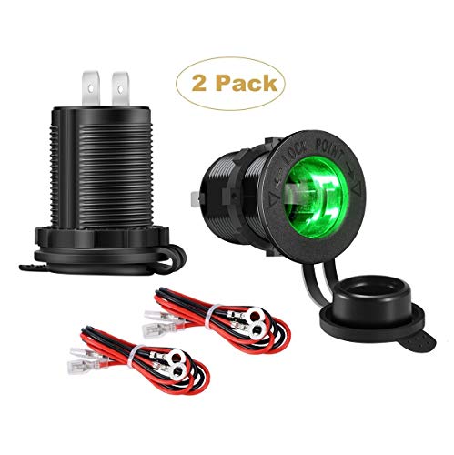 YONHAN Cigarette Lighter Socket 12V Power Outlet Receptacle with Green LED for Car Marine Motorcycle Scooter RV and More, 2-Pack
