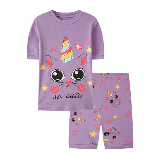 JOYOND GIRLS SUMMER COTTON PAJAMAS 4 PIECE SNUG-FIT SLEEPWEAR FOR TODDLER CLOTHES KIDS SHORT SLEEVES CUTE CAT PJS SET 4T