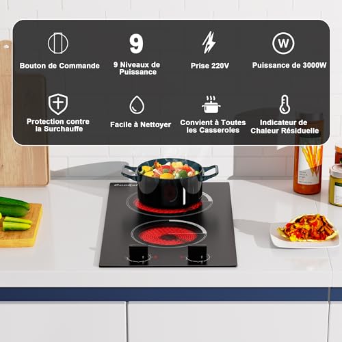 Cooksir Ceramic Hob 2 Burners with Buttons, 2 Burners Electric Hob with Plug, 30 cm Recessed Electric Hob, 3000 W, Control Buttons, 9 Levels, 240 V
