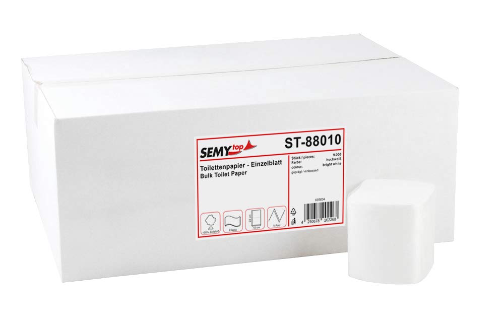 Semy Top Single-Sheet Bright-White Toilet Paper Roll 2-Ply Cellulose 10 x 22 cm (1 x 9,000 Sheets)