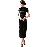Women Cheongsam Long Dress Evening Short Sleeve Slim Fit Maxi Dress Floral Faux Silk Stand Collar Bodycon Qipao