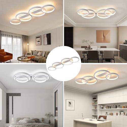 Modern LED Ceiling Light, 48W 3000K-6500K, 4 Rings Round Design Bedroom Lighting, Interior Decorative Light with Remote Control APP Dimmable, Chandelier Lamp for Living Room, Office, Kitchen, Hallway