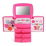 IQ Toys Kids Makeup Vanity Case Cosmetic Kit for Princess Girls Realistic Washable Pretend Play Makeup with 3 Drawers, Mirror, and Application Brushes