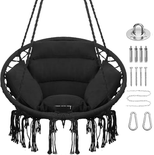 Goutime Hammock Swing Chair Macrame Boho Hanging Chairs Black | with Cushion