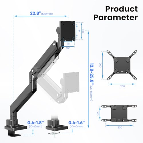 PUTORSEN 17-57 Inch Monitor Mount 1 Monitor, for TVs and Monitors up to 27 kg, Premium Aluminium Monitor Desk Mount with Gas Spring, Reinforcement Plate, VESA Max up to 200 x 200