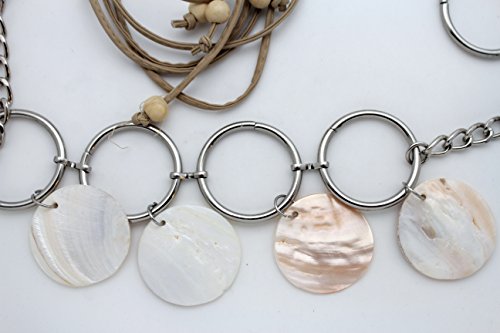 TFJ Women Beige Tie Belt Bohemian Fashion Hip Waist Silver Rings Seashells M L XL