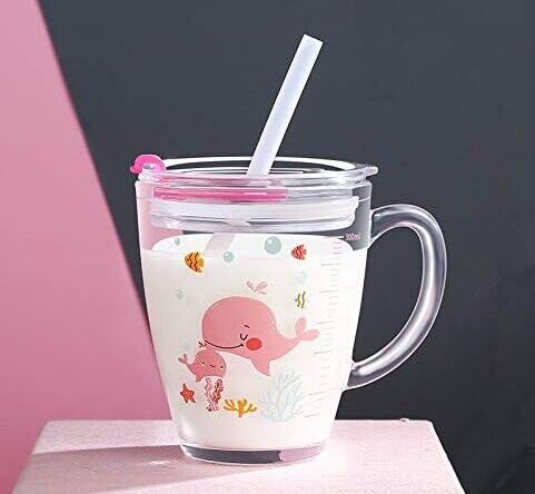Glass Milk Measuring Cup, Cute Measuring Jug with Lid and Silicone Straw 350 ML Heat-Resistant Tempered Glass Water Cup Scale Measure Mug for Microwave Milk Juice Coffee