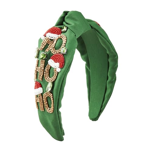 Mud Pie Women Holiday Beaded Headband, Green, outer width 3" | knot height 1 1/4"