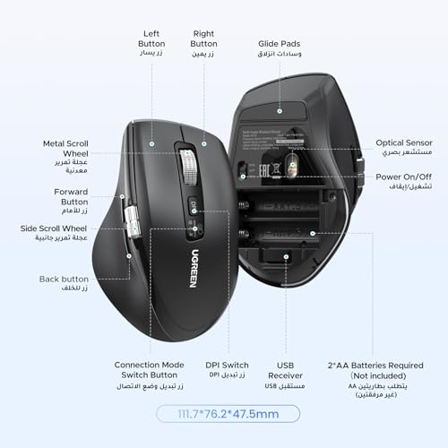 UGREEN Bluetooth5.4+2.4G Wireless Mouse, Ultra-Fast Scrolling, Ergonomic and Silent, 5000 dpi Mouse with 5 Buttons, for Office/Home/Study, Compatible with Windows, MacOS, iOS, Android, Linux