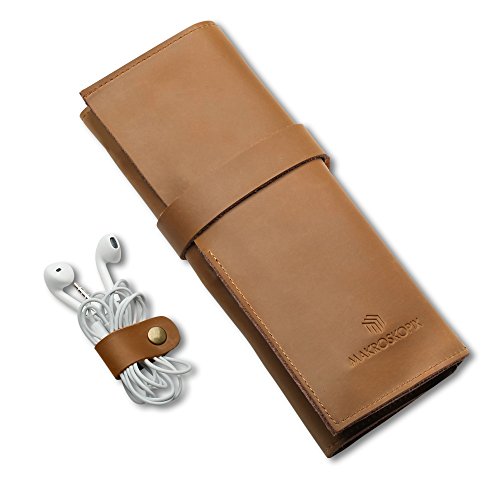 Genuine Crazy Horse Leather Pen Pencil Sleeve Roll Up, Art Accessories Carrier Case, Card Holder Wallet, Keys Holder, Pocket and Travel Organizer with Zipper Pouch and Leather Headphone Clip