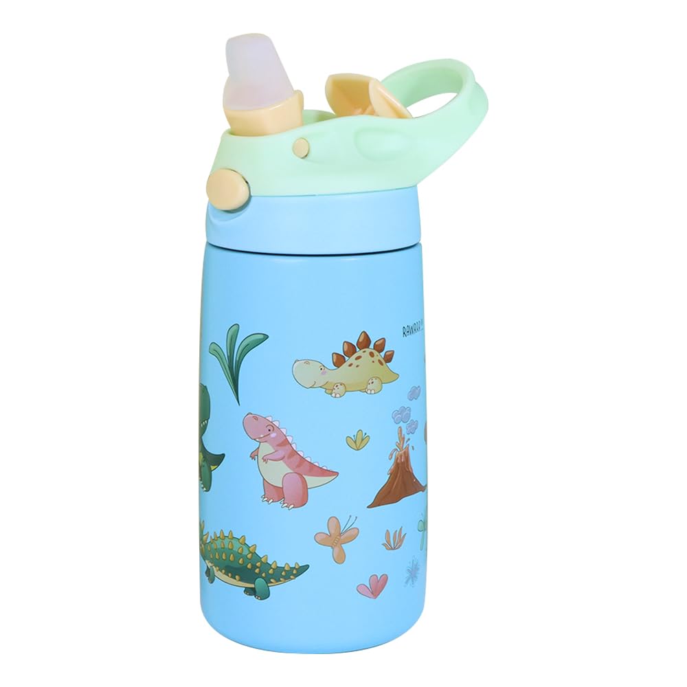 iZEL Kids Waterbottle 400ml Childrens Stainless Steel BPA Free Drinking Leak Proof Water Bottle with Straw Vacuum Insulated for School Sports Travel Adventure Work Game Child Kid (Blue Dino)