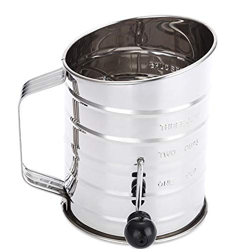 Flour Sifter Hand-Crank,3 Cups Flour Sifter Sieve 4-Wire Agitator Cakes,Pies,Pastries,Cupcakes Sugar Duster Sifter Stainless Steel Home Kitchen Use (Silver)