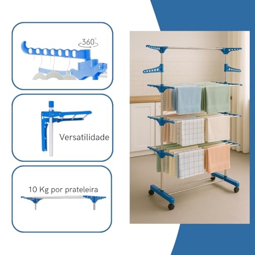 Varal de Chão Organizador Retrátil Dobrável 3 Andares Compacto e Rodinhas para Roupas Íntimas Ideal para Apartamento Premium