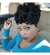 Rofa Short Wavy Synthetic Hair Wig Pixie Cut Curly Wig with Bangs for Black Women Short Cut Wigs ...