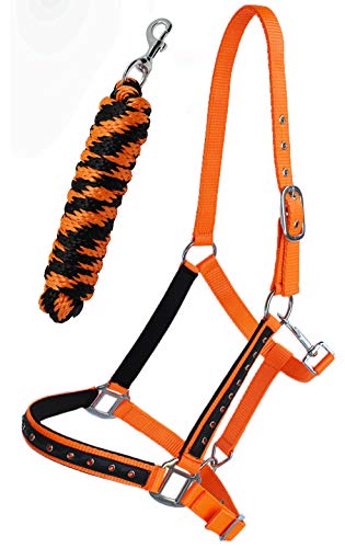 PRORIDER Nylon Horse Halter Hardware Padded Lead Rope Tack Orange Rodeo Bling 606162OR