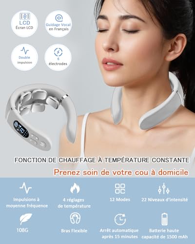 Neck Massager, 6 Heads Portable Electric Massager with 42°C Thermal Therapy, 12 Modes 22 Levels, Smart Voice Function, LCD Display, Suitable for Home and Office