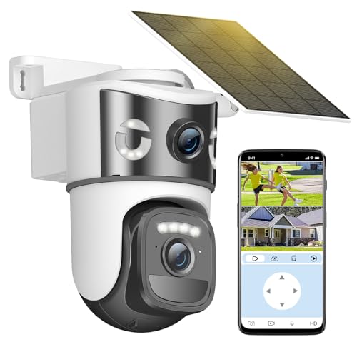 4K Dual Lens Solar Security Cameras Wireless Outdoor, 2.4G WiFi Camera Eurveillance Exterieur, 360° PTZ Solar Powered Security Camera with Color Night Vision, PIR Sensor, Spotlight Siren, 2-Way Audio
