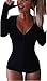 Moxeay V-Neck One Piece Bodysuit Long Sleeve Bodycon Rompers (Small, Black)