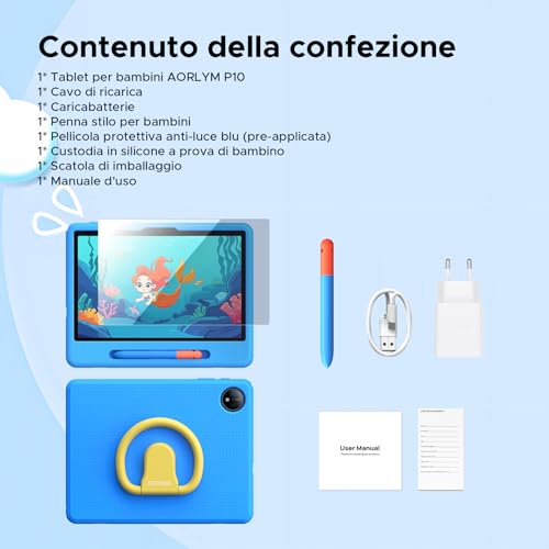 Luzglo P10 Kid Tablet Bambini 10 Pollici, Tablet Android 16, 90Hz, 32GB RAM+64GB ROM, 7000mAH, Vetro Curvo 2.5D, WiFi5/Face ID/OTG/Widevine L1, Include Accessori per Tablets per Bambini, Blu